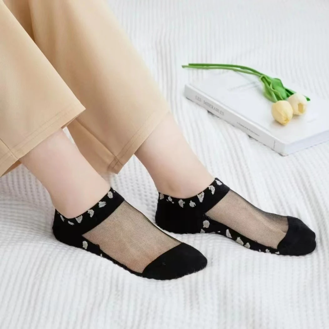 豹纹隐形船袜春夏薄袜透气提花图案透明丝简约浅口短袜隐形袜薄款