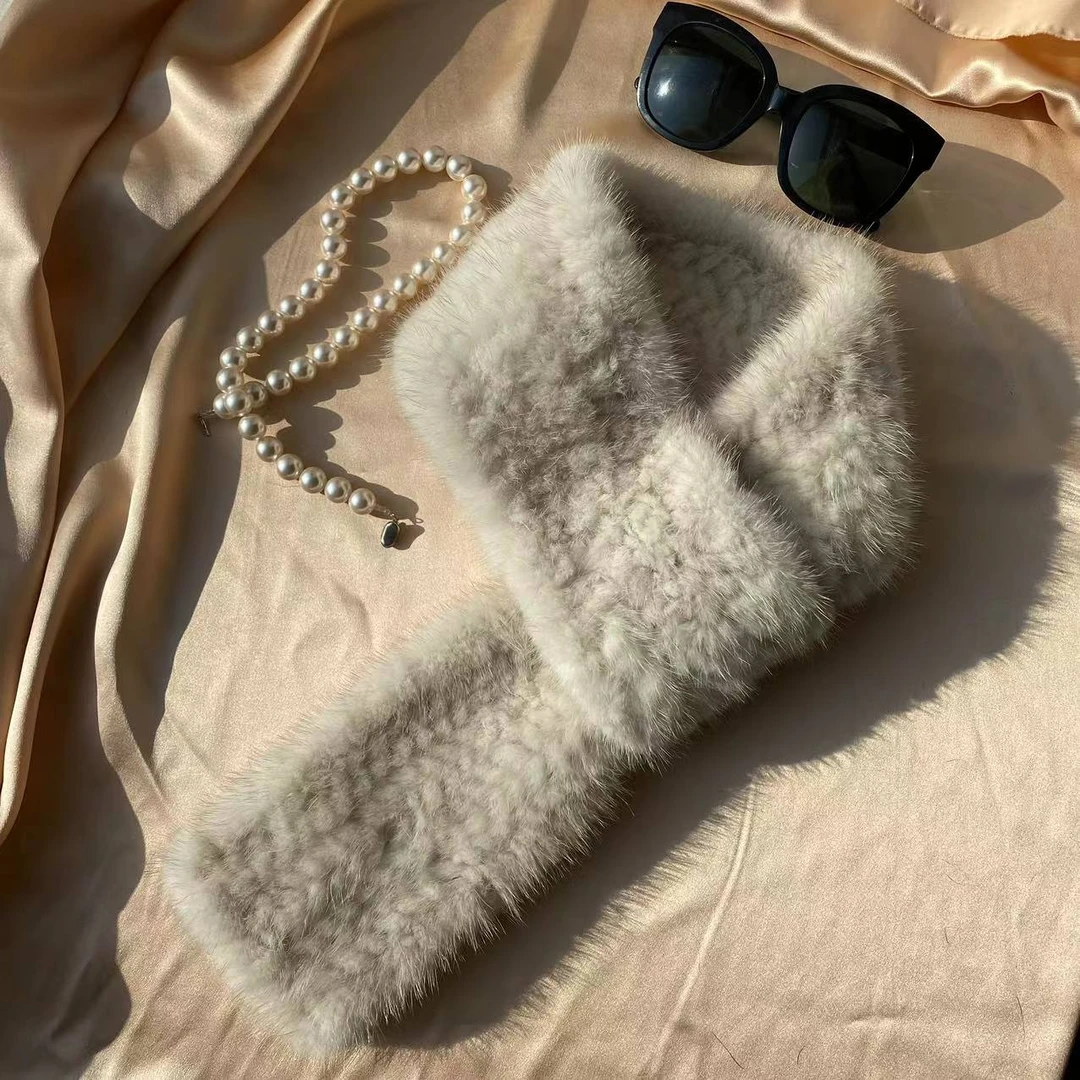 网红进口水貂毛编织纯色时尚加厚黑白秋冬季毛绒保暖脖套百搭简约