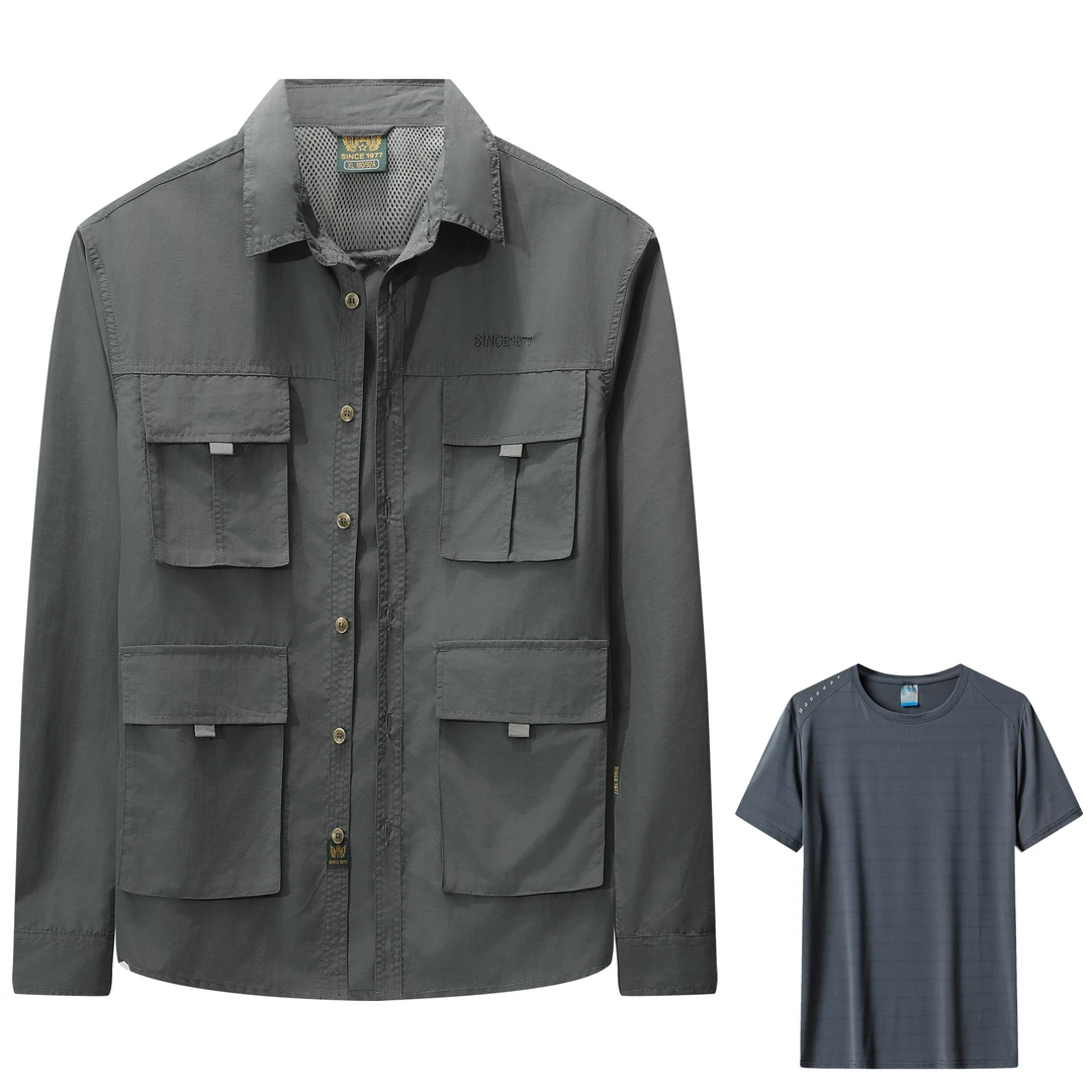 F2206夏季T恤四个口袋衬衣长袖男士时尚薄款休闲翻领宽松速干户外