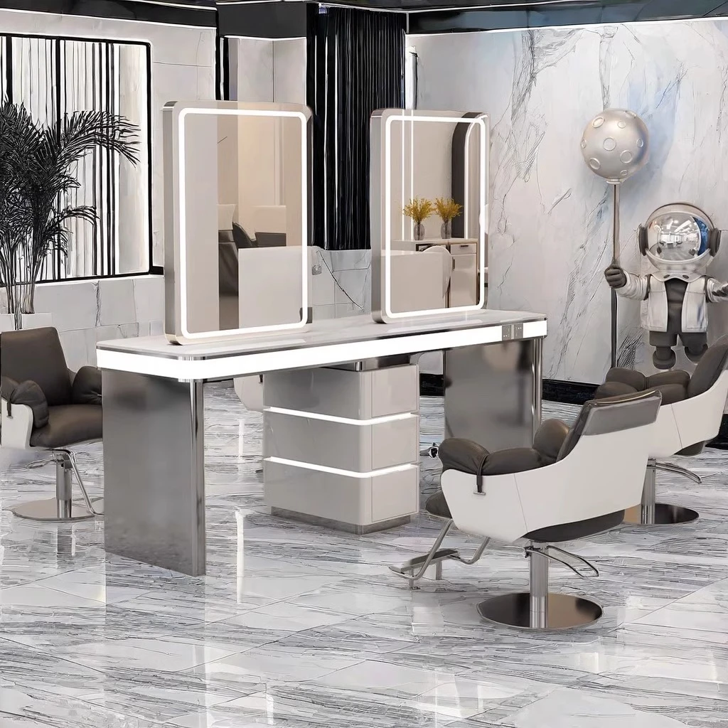 网红理发店镜台发廊专用烫染区柜子一体镜美发店美发镜子带灯双面