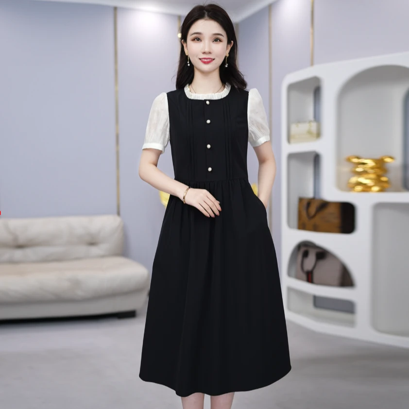 连衣裙中长款小香风小黑裙时尚经典百搭气质洋气黑色夏季收腰减龄