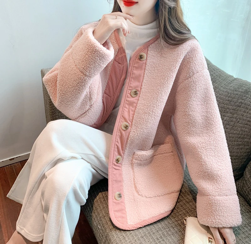 奶系穿搭外套女秋冬2024新款韩版仿羊羔毛加厚宽松中长款长袖上衣