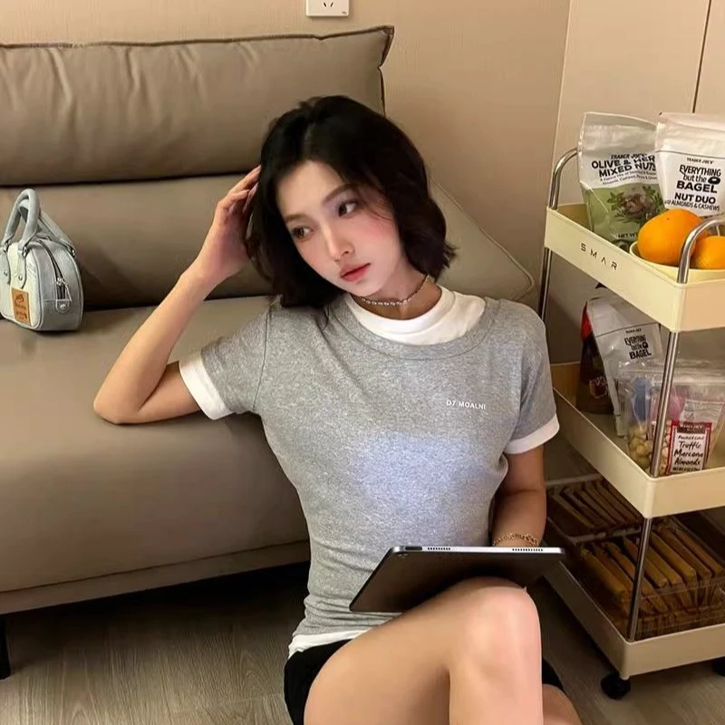 韩系气质简约假两件短袖T恤女夏季新款百搭休闲高级chic拼接上衣