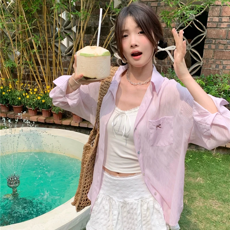 韩系简约刺绣芭蕾蝴蝶结防晒衬衫女2024夏季新款宽松微透长袖上衣