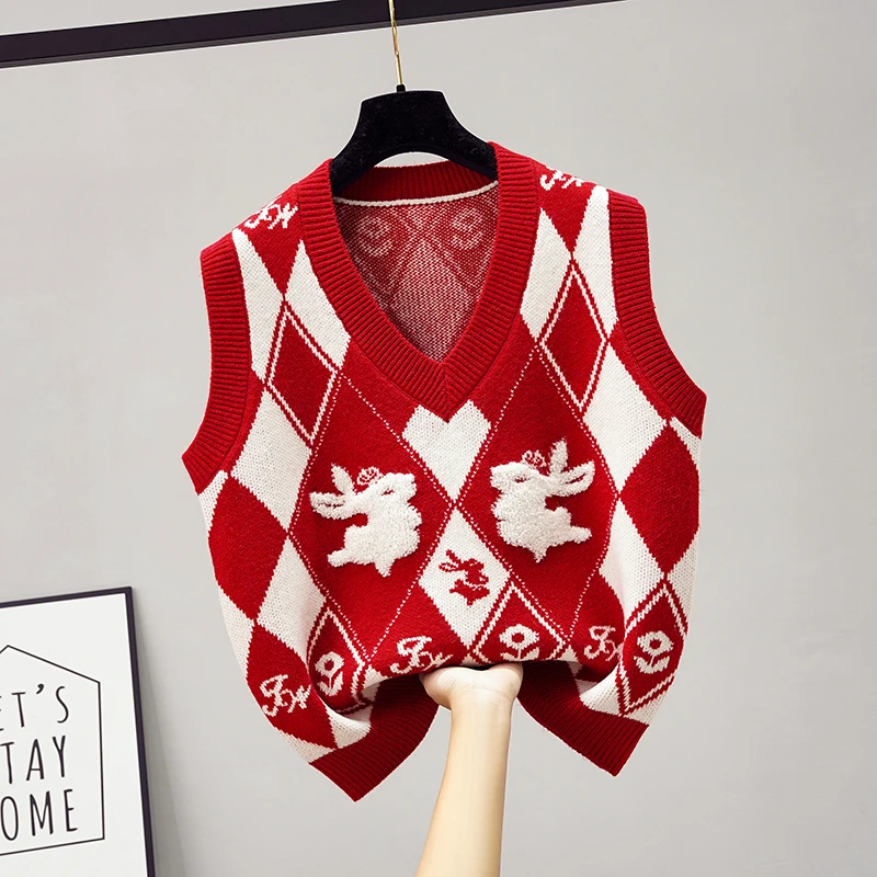 针织菱格毛衣菱形复古宽松菱形格针织衫格子外穿马甲时尚秋冬套头