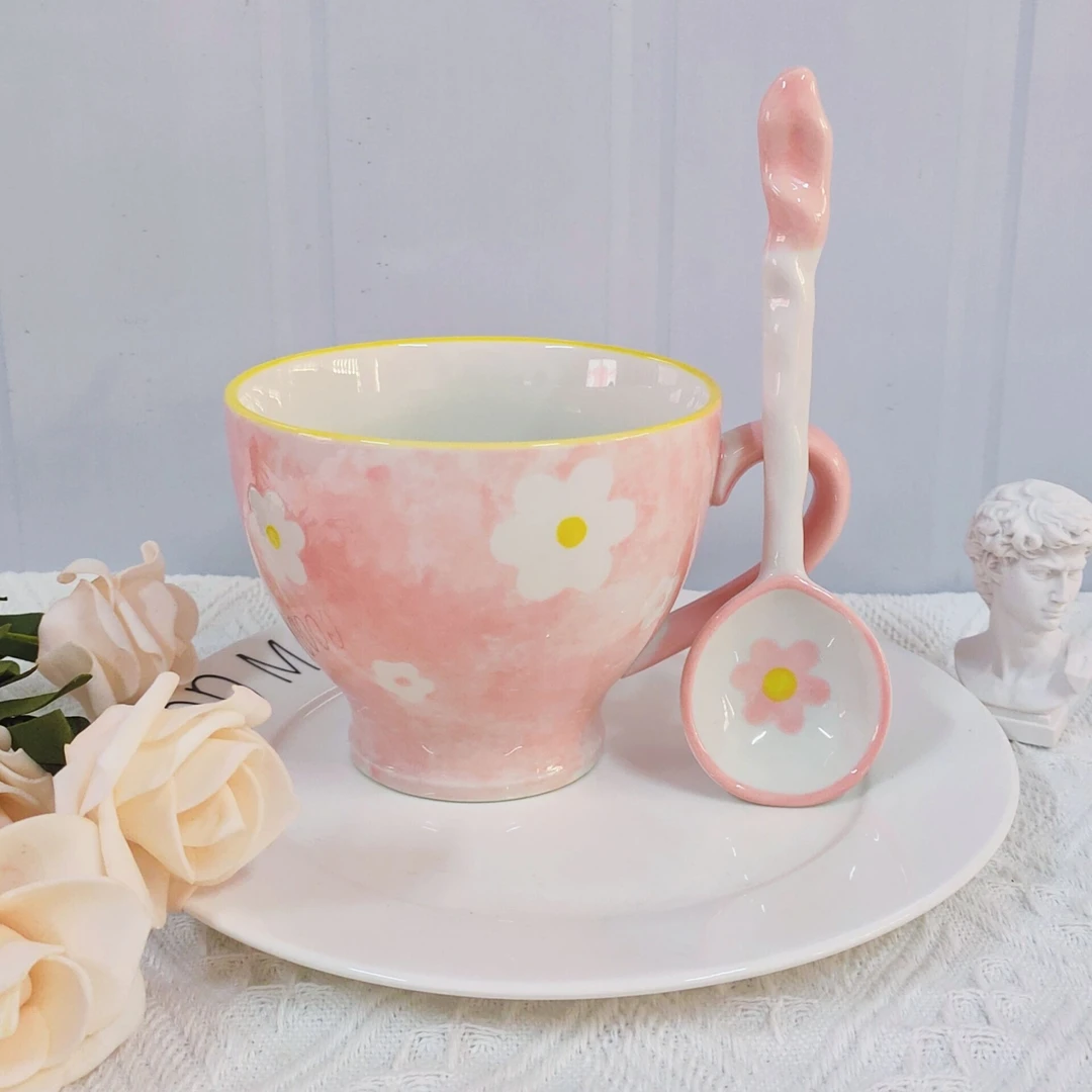 【粉丝专享】浪漫山花水杯早餐杯牛奶杯（赠送勺子）少女心大容量