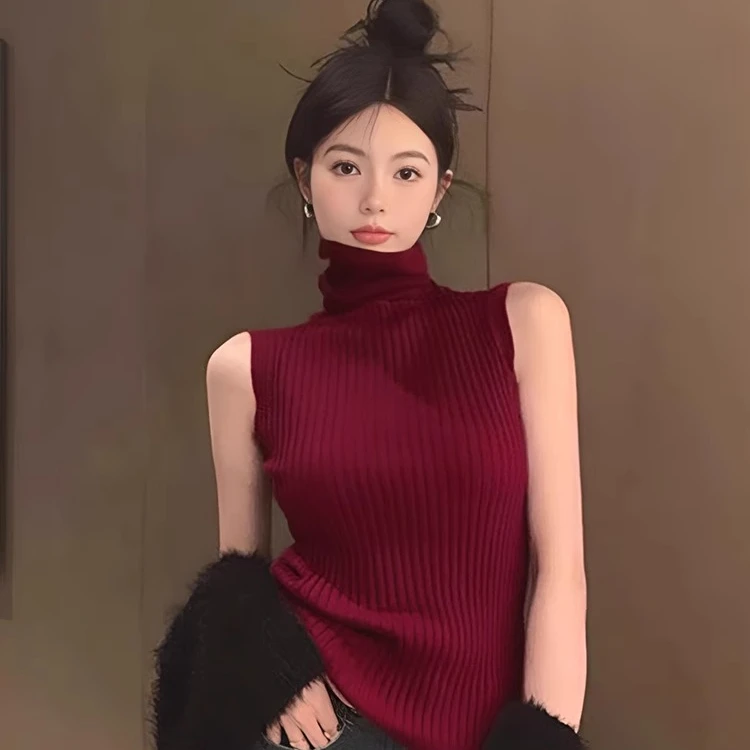 春秋红色高领无袖针织衫女2025新款高级感堆堆领修身显瘦上衣
