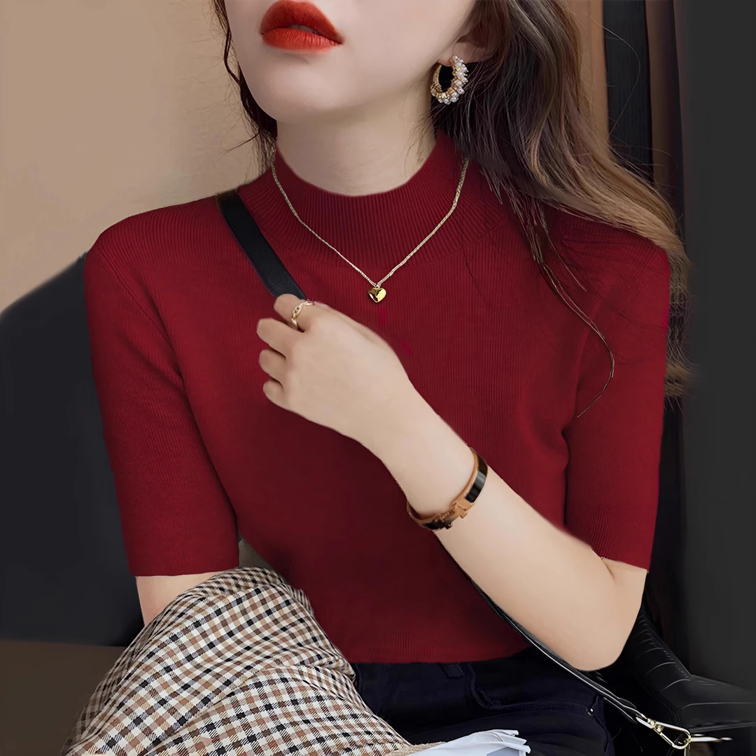 2025爆火安哥拉红打底衫女秋季内搭半高领毛衣女洋气五分袖针织衫