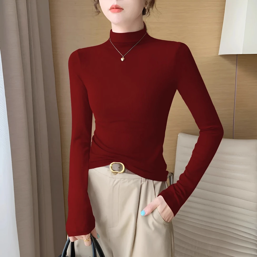 2025新款修身内搭薄款半高领打底衫女春秋安哥拉红上衣套头针织衫