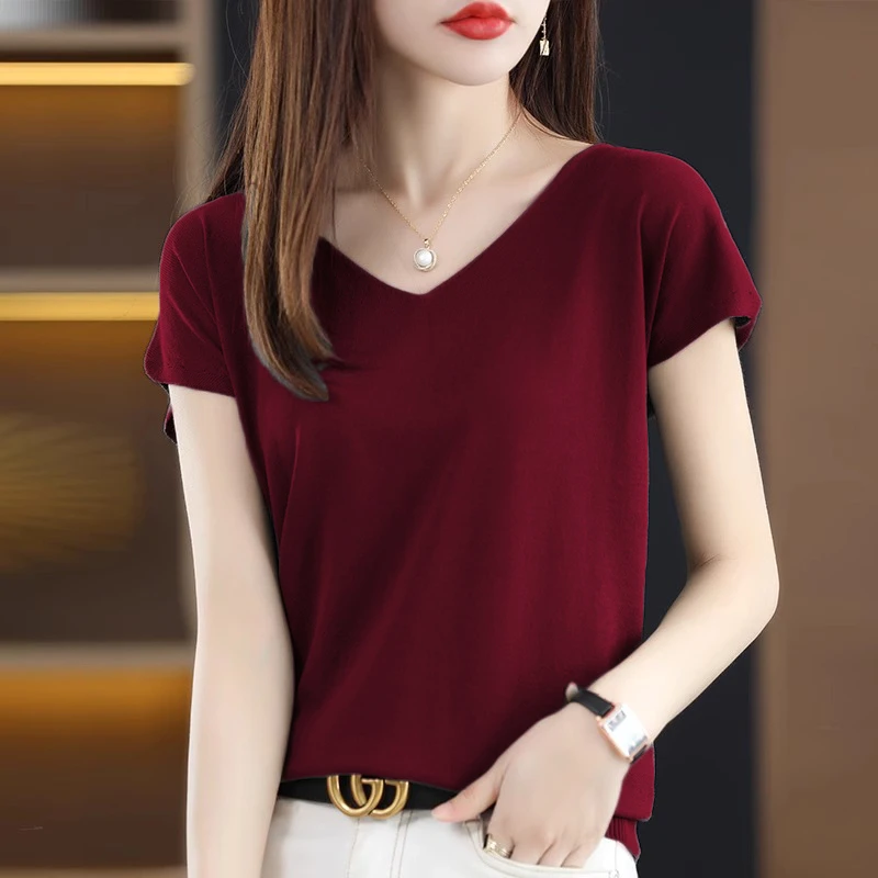 针织V领短袖T恤女2025夏季新款宽松显瘦遮肉无袖背心上衣落肩t恤
