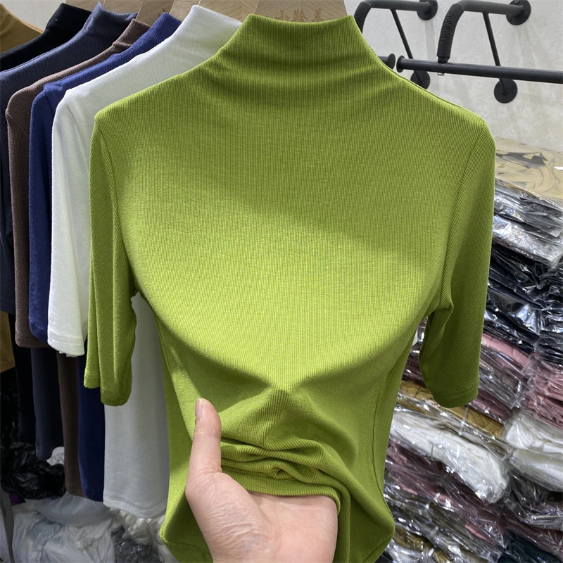 打底衫女春夏内搭修身中袖上衣洋气2025年新款百搭半高领针织衫