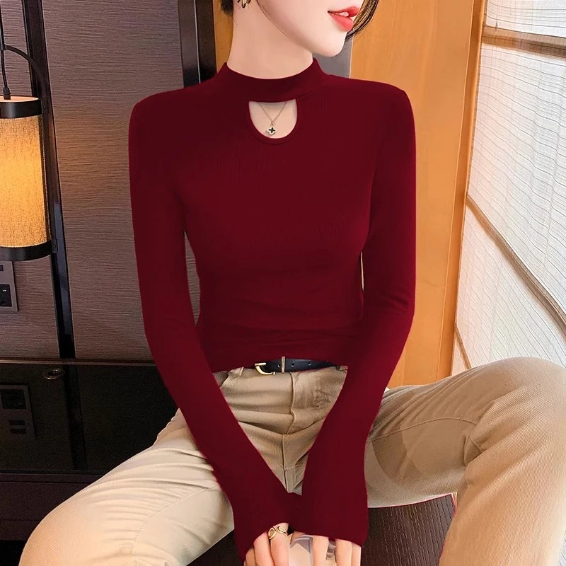 欧货半高领性感露项链打底衫女秋冬内搭修身薄款安哥拉红针织上衣