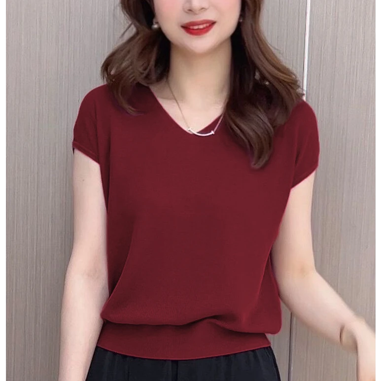 冰丝短袖t恤女装夏季2025新款气质v领体恤别致欧洲站显瘦透气上衣