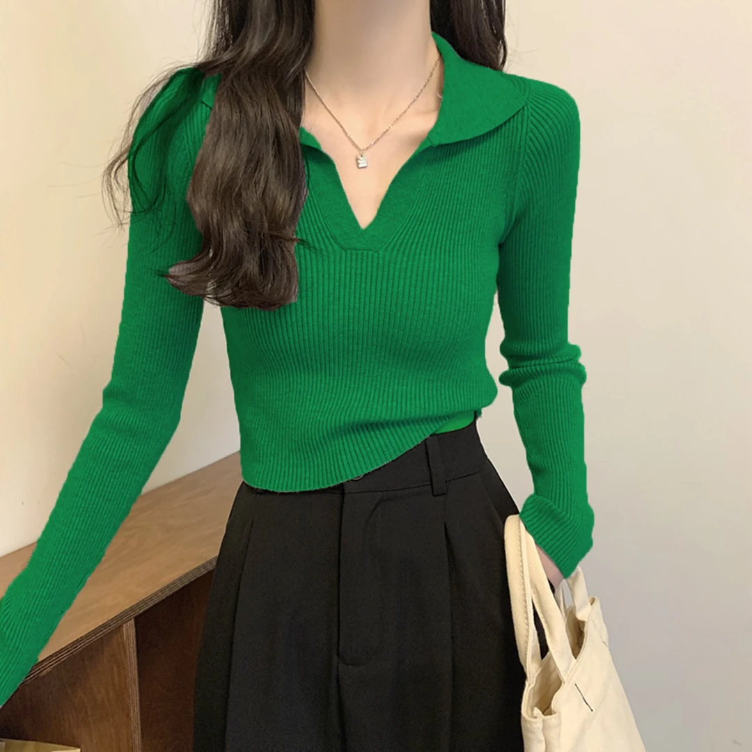 秋冬新款V领内搭打底衫女POLO领针织衫2025新品绿色别致洋气毛衣