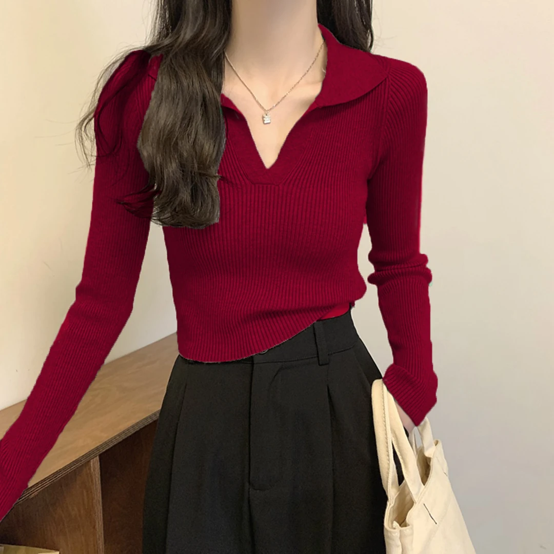 秋季新款V领内搭打底衫女POLO领针织衫2025修身红色别致洋气上衣
