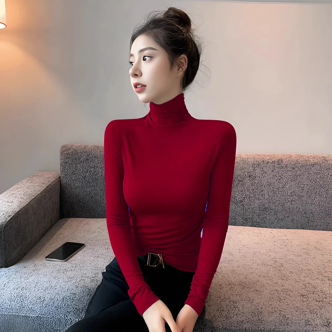 法式安哥拉红高领打底衫女秋冬内搭薄款修身气质堆堆领针织衫毛衣