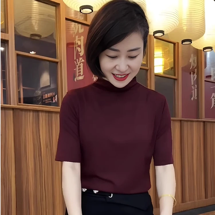 半袖T恤2025秋季新款中袖打底衫女修身小衫弹力半高领打底针织衫