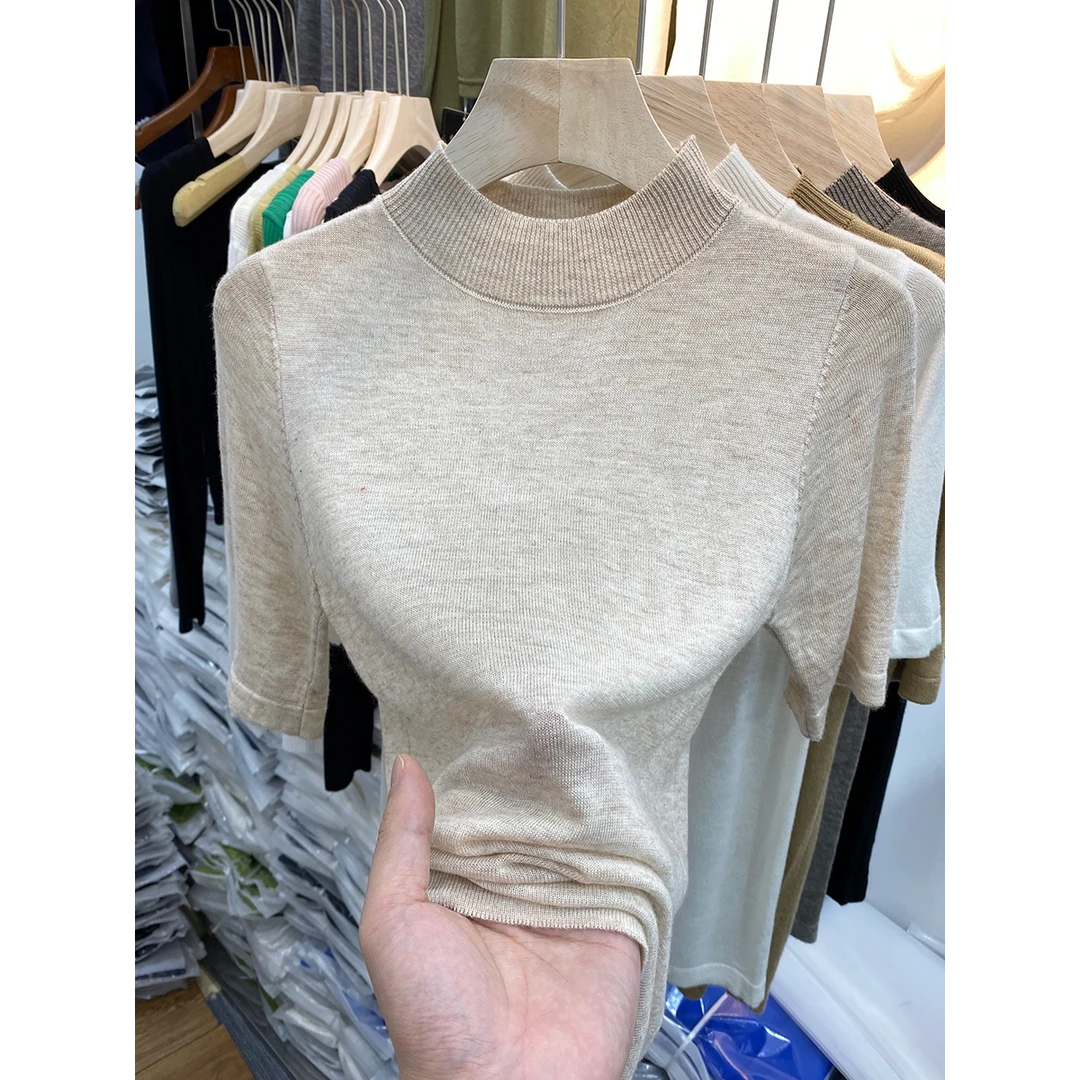 薄款软糯洋气针织衫女2025春秋新款半高领短袖T恤修身五分袖上衣