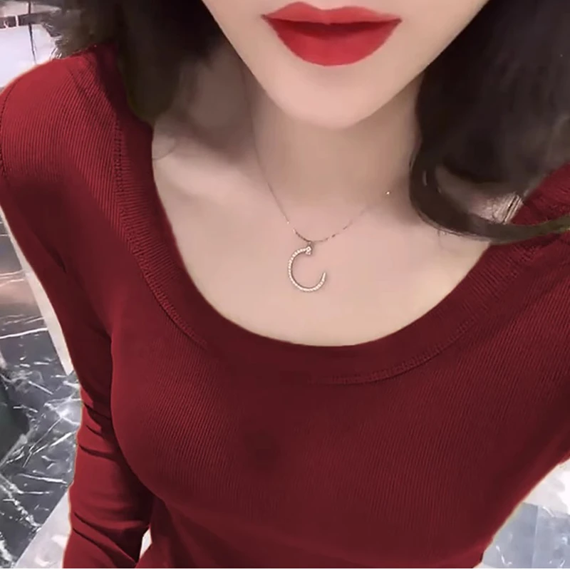 欧货羊毛打底衫女春秋内搭修身性感U领上衣洋气设计感红色针织衫