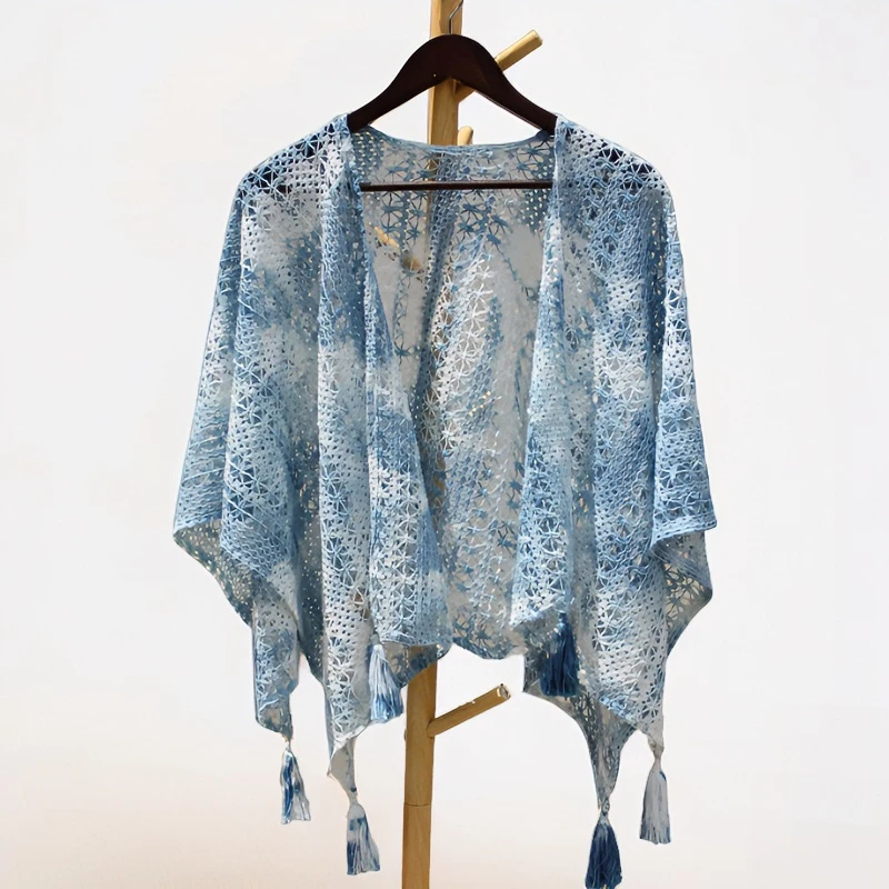 云南大理扎染流苏小披肩女士针织短款百搭时尚蓝色宽松薄款休闲