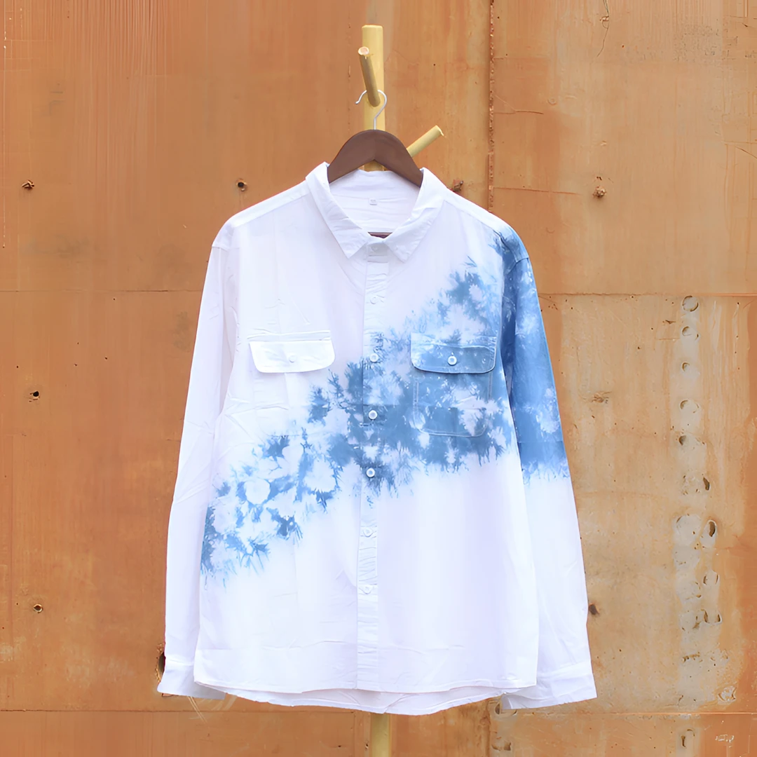 云南大理扎染长袖衬衫时尚百搭旅游度假蓝染衬衫3休闲潮流衬衣