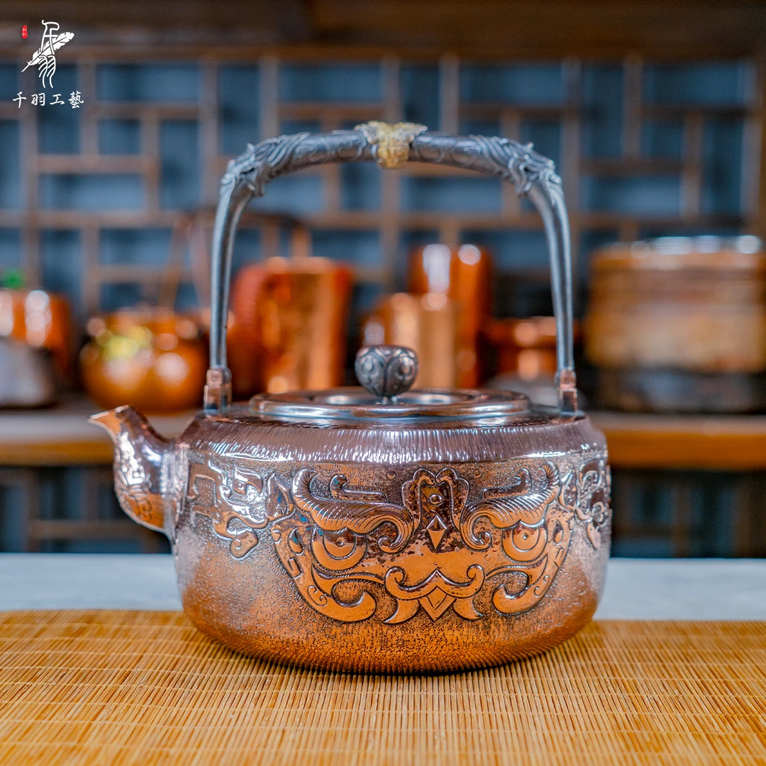 【千羽铜壶】1200ML饕餮錾刻烧水壶煮茶壶纯手工锤纹加厚茶具