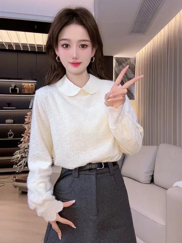 婉婉推荐【都市女神-加绒】冬季新款披领拼接蕾丝加厚上衣T-1326