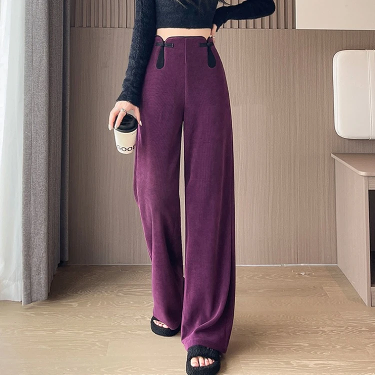 新中式盘扣紫色灯芯绒阔腿裤女秋冬高腰宽松垂感雪尼尔休闲直筒裤