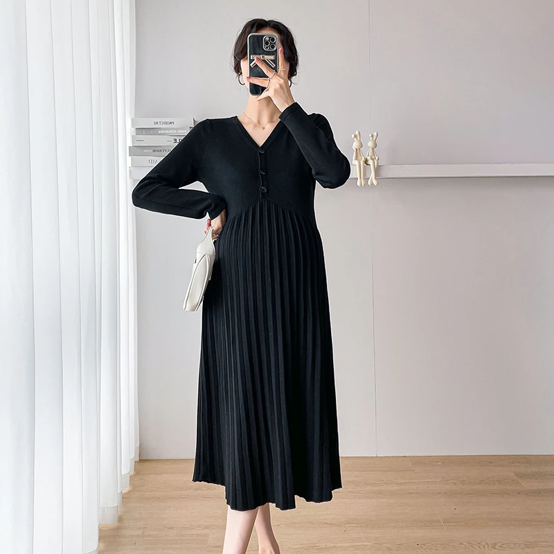 2024秋冬风新款孕妇装打底裙潮妈中长款宽松百褶孕妇连衣裙-3322
