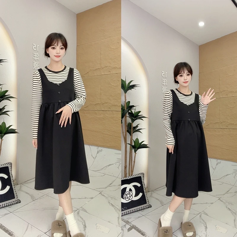 孕妇装2025春秋新品条纹拼接显瘦假两件长袖孕妇大码连衣裙-61682