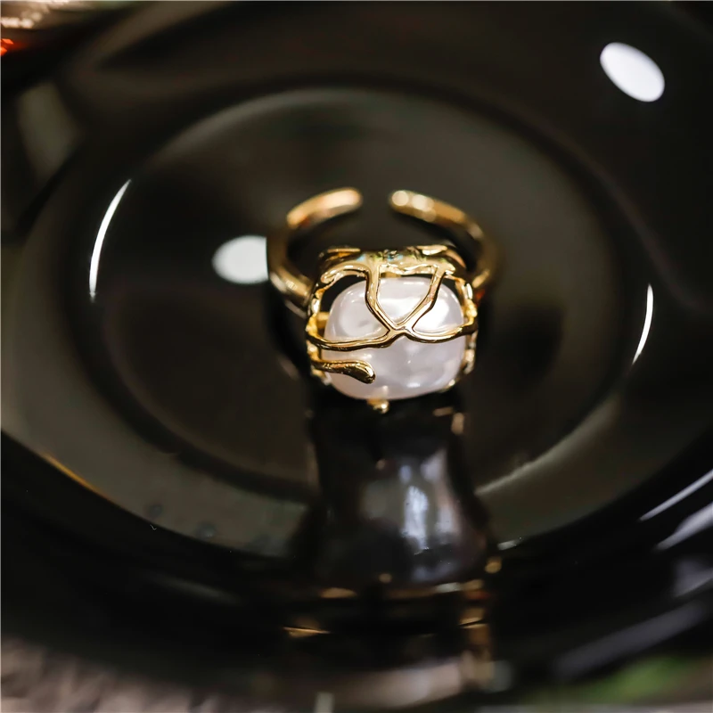 饰忆客 铜合金戒指 不规则金属正方珠珠开口戒指指环气质时尚食指