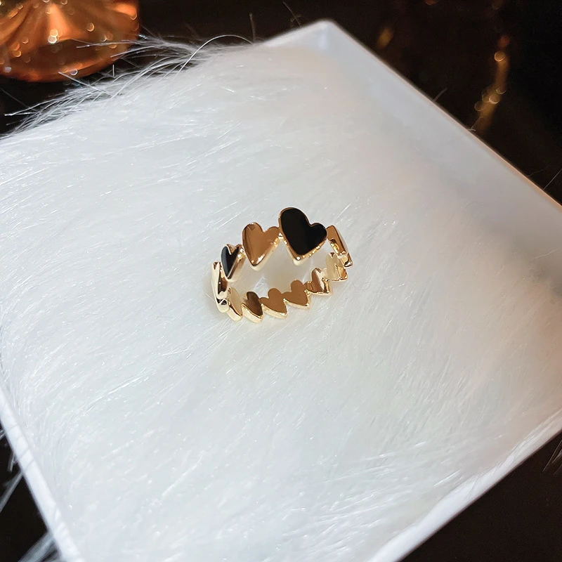 饰忆客 铜合金戒指 黑色爱心开口戒指时尚个性气质高级感食指手饰