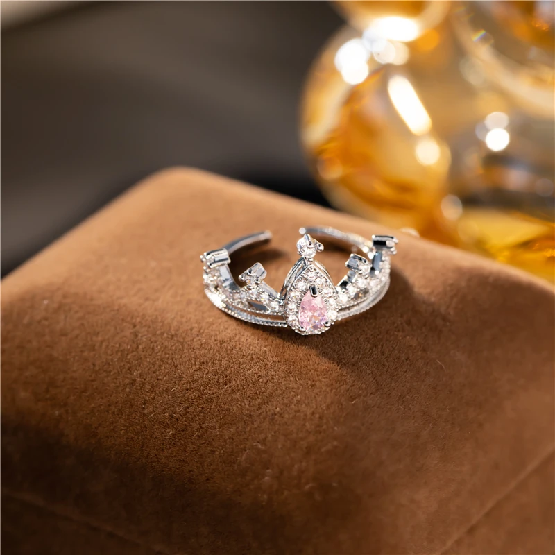 饰忆客 铜合金戒指 粉钻皇冠戒指女小众高级轻奢开口可调节指环戒