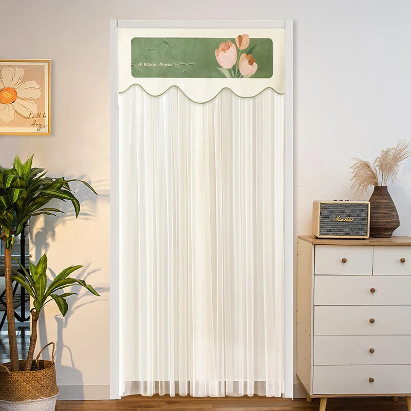 纱帘门帘隔断帘免打孔安装伸缩杆卡通蕾丝窗帘卧室隐私家用遮挡帘