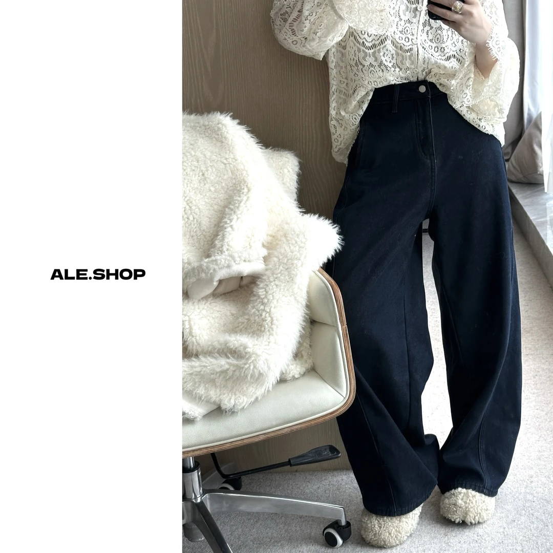 【阿乐家】大码微胖‘ 复古深蓝’ 牛仔裤设计感秋冬加厚百搭长裤