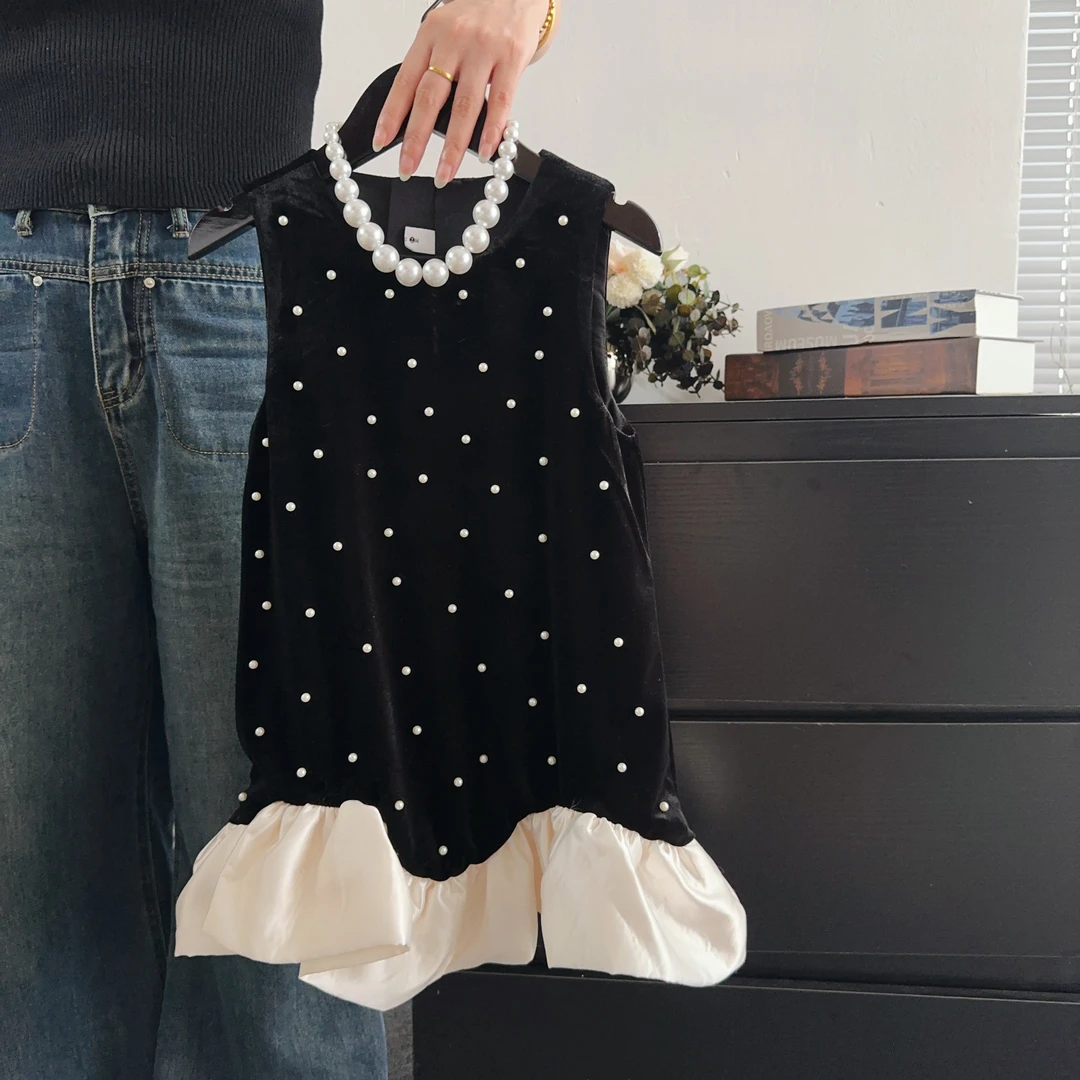 女童秋季连衣裙儿童洋气黑色气质法式钉珠背心裙
