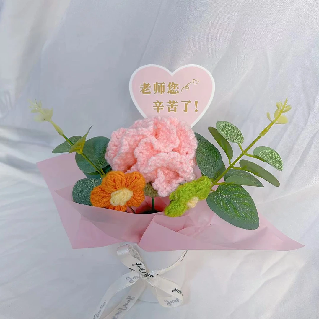 【康乃馨抱抱桶】手工编织毛线成品花康乃馨教师节创意礼物