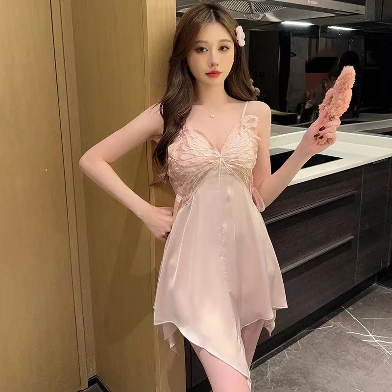 法式蕾丝美背镂空显瘦睡衣女家居服气质吊睡裙带胸垫薄款夏2024