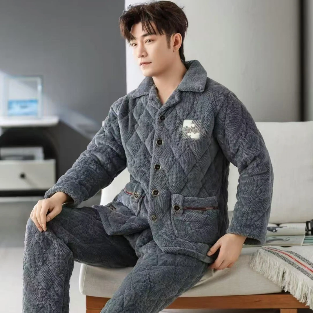 睡衣男士冬季三层加厚珊瑚绒夹棉加绒保暖新款男款冬天家居服套装