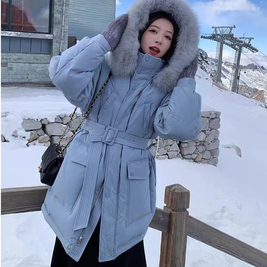 33221时尚气质潮流百搭显瘦连帽冬季大毛领韩版收腰中长款羽绒服