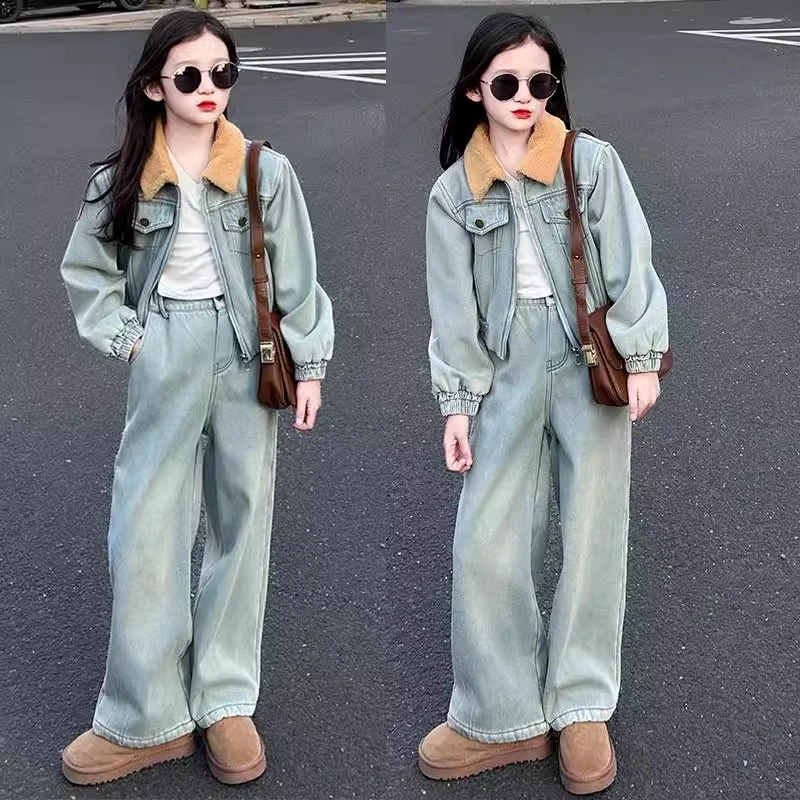 女童加绒牛仔套装秋冬款2024新款儿童加厚洋气时髦二件套中大童潮