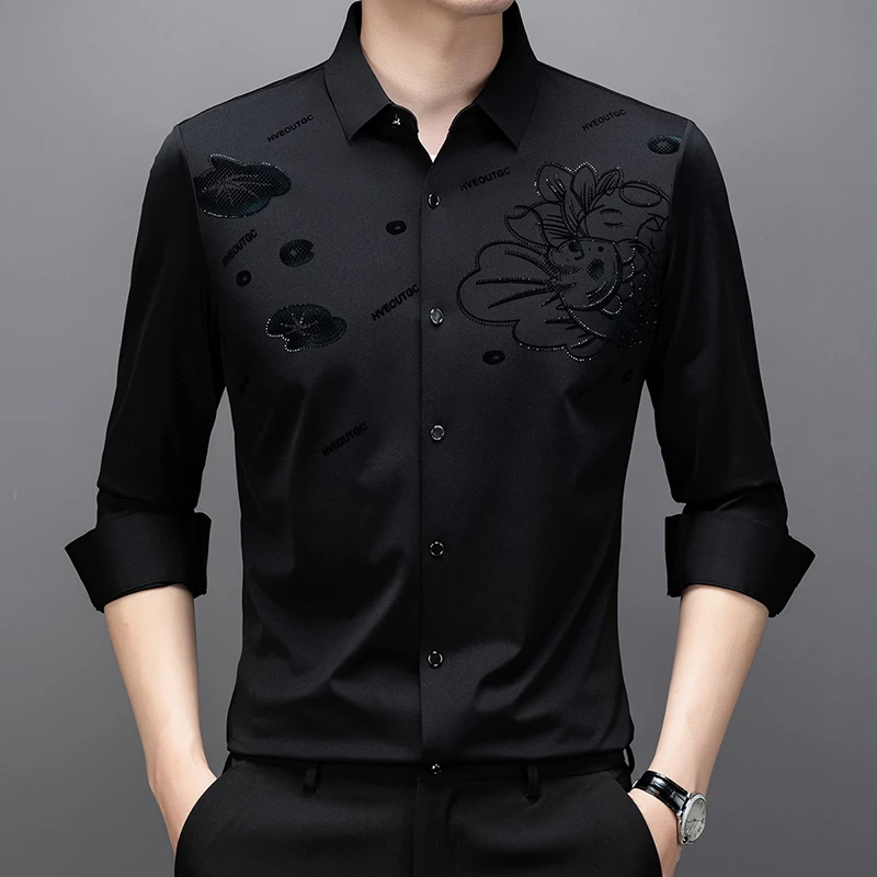 老爷车2024年新款衬衫男士轻奢高档植绒弹力抗皱休闲无痕衬衣男