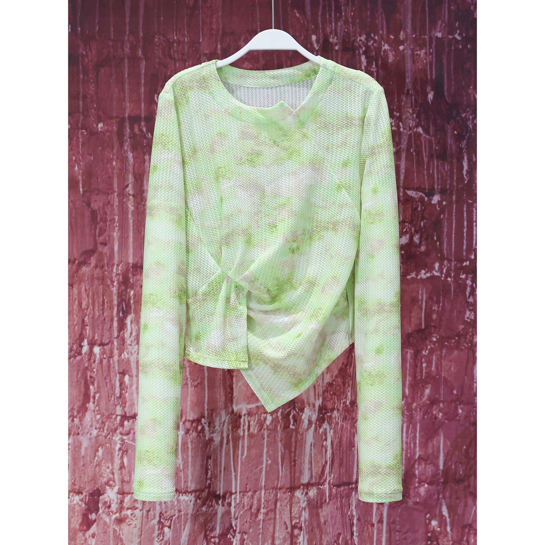 【LIANG哥女装】夏精致感穿搭青柠绿扎染圆领收褶设计冰丝上衣3256