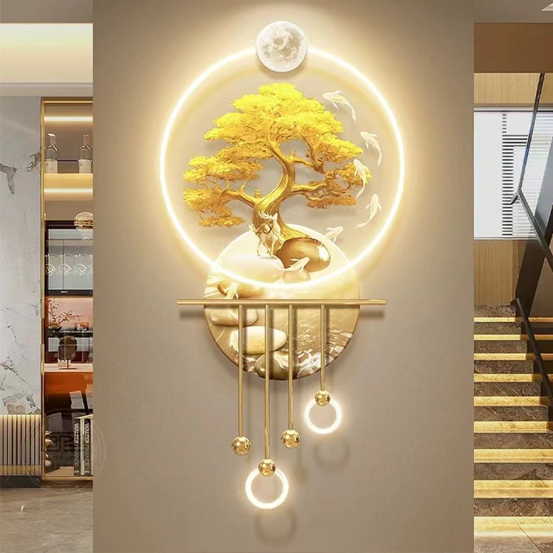 轻奢发财树入户玄关装饰画高档LED带灯发光走廊立体挂画大气壁画