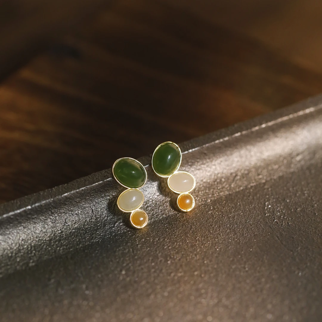 麦麦【对苏】天然和田玉碧玉+925银  耳环 多样性发货