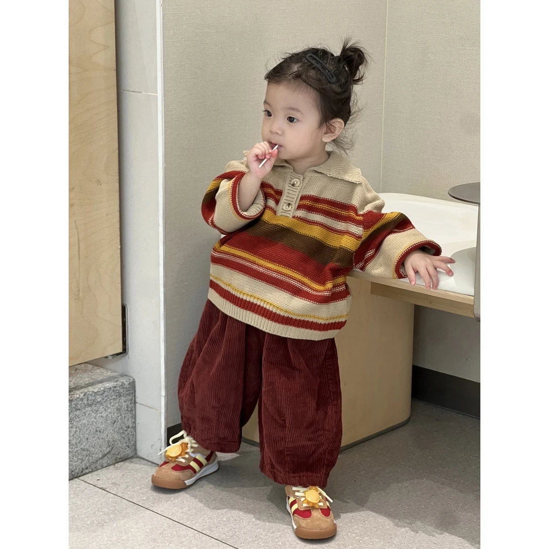 韩国童装2024秋装新款女童复古条纹翻领毛衣针织衫阔腿裤潮