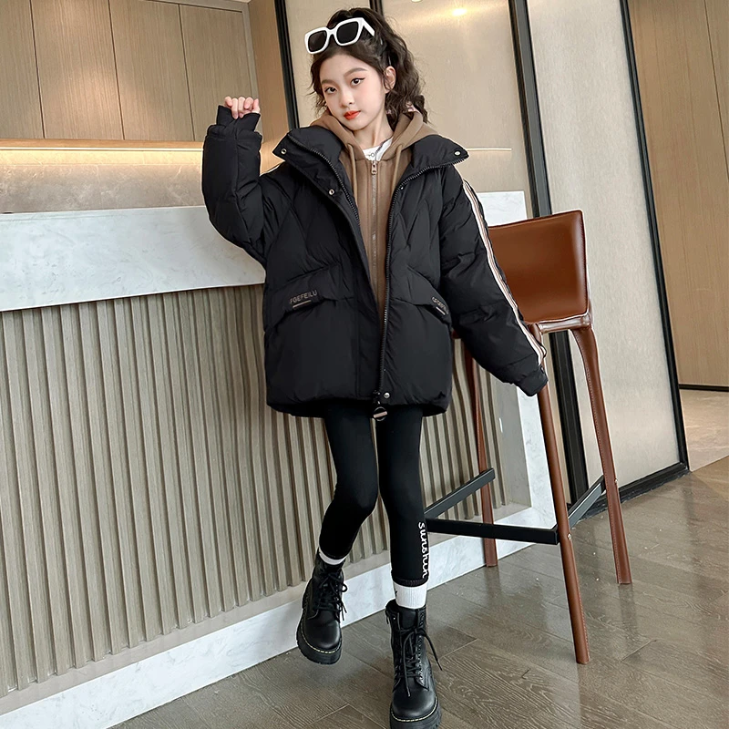 女童冬季加棉加厚棉袄中大童女孩时髦连帽假两件棉衣网红棉服冬装