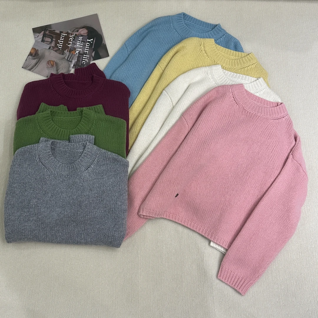 ［俪宝］全羊毛新款韩版百搭修身显瘦时尚糖果色针织长袖 纯色圆领