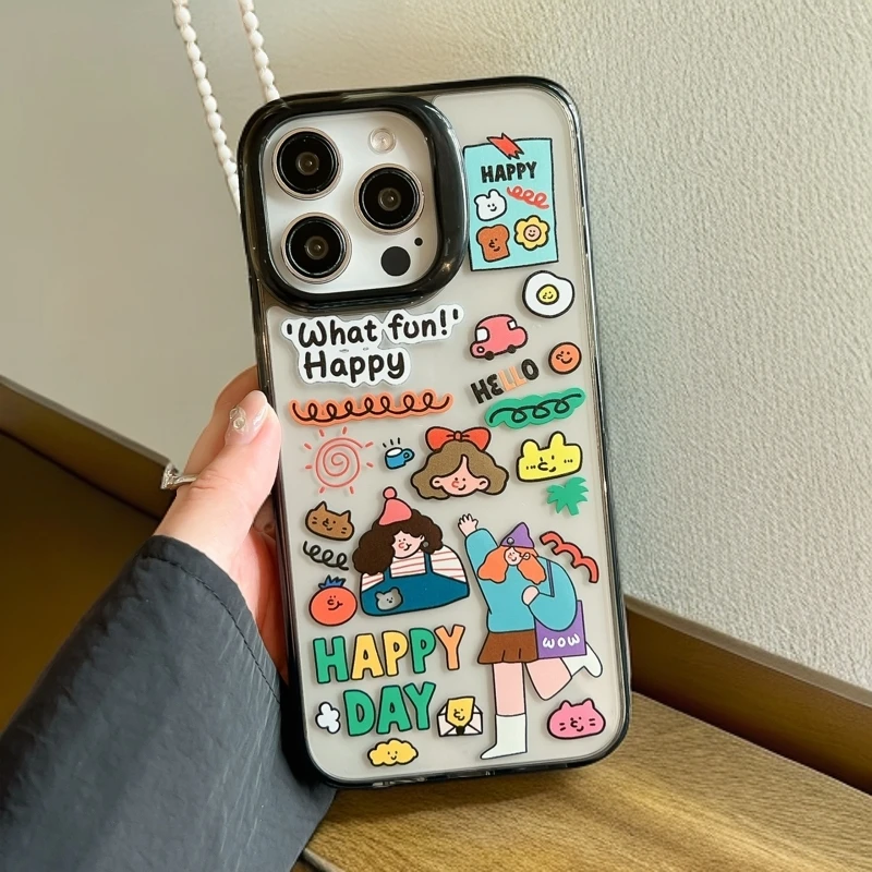 卡通人物涂鸦适用苹果手机壳16promax不撞款15pro防摔软边潮牌壳