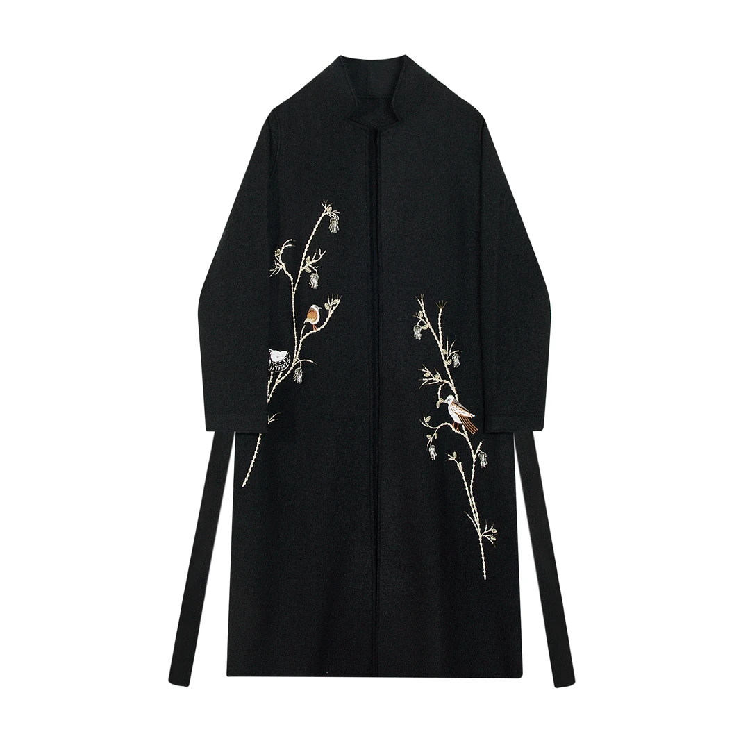 YANG GZ现货【青花优韵】新中式长款绣花呢羊毛大衣外套女 GZ624354